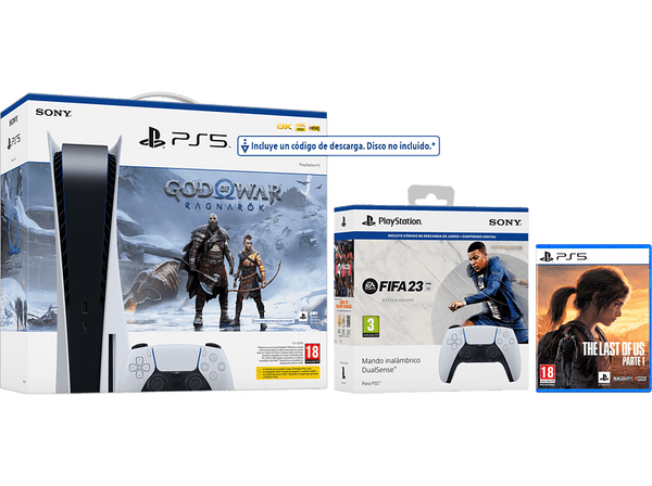 Consola - Sony PS5 Stand C, 825 GB (2 Mandos DualSense™ incluidos) + God Of War: Ragnarok (descarga) + FIFA 23 (descarga) + The Last Of Us: Part I