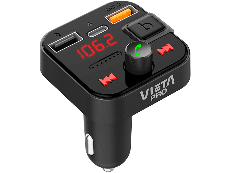 Transmisor FM - Vieta Pro MFV99BK, Manos libres, Quick Charge 3.0, USB-C, Negro
