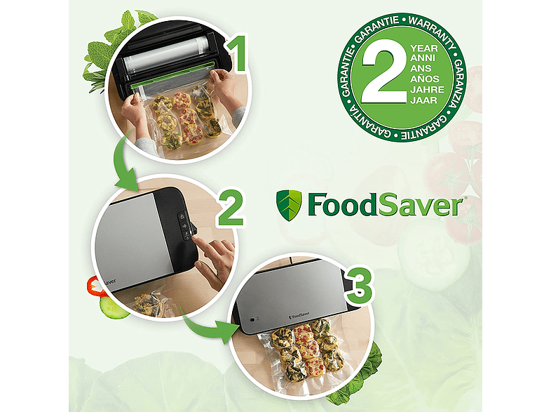 Envasadora al vacío - FoodSaver VS2190X, Para bolsas de 20 y 28 cm, Plata