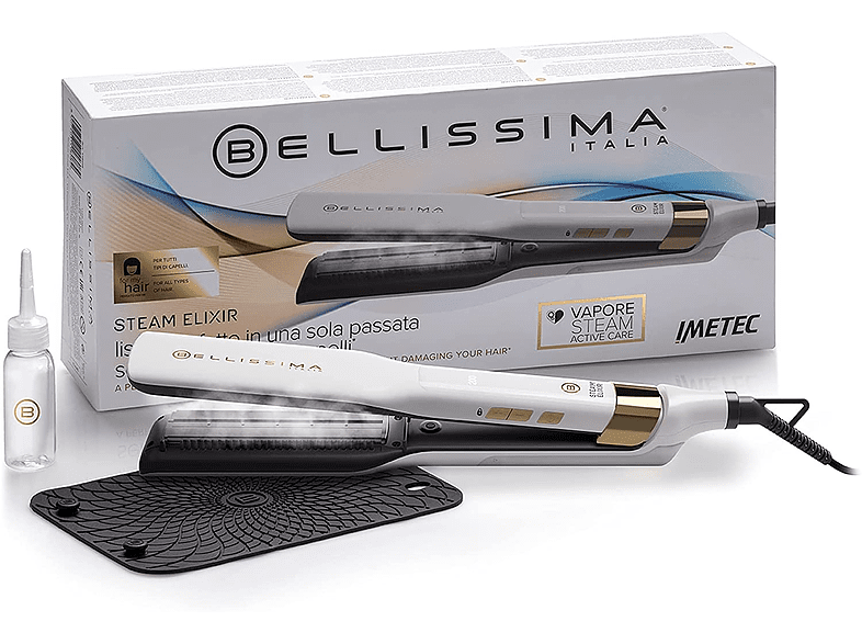 Plancha de pelo - Imetec Bellissima Steam Elixir, Cerámica, 230 °C, Calentamiento rápido, LED, Blanco y Dorado