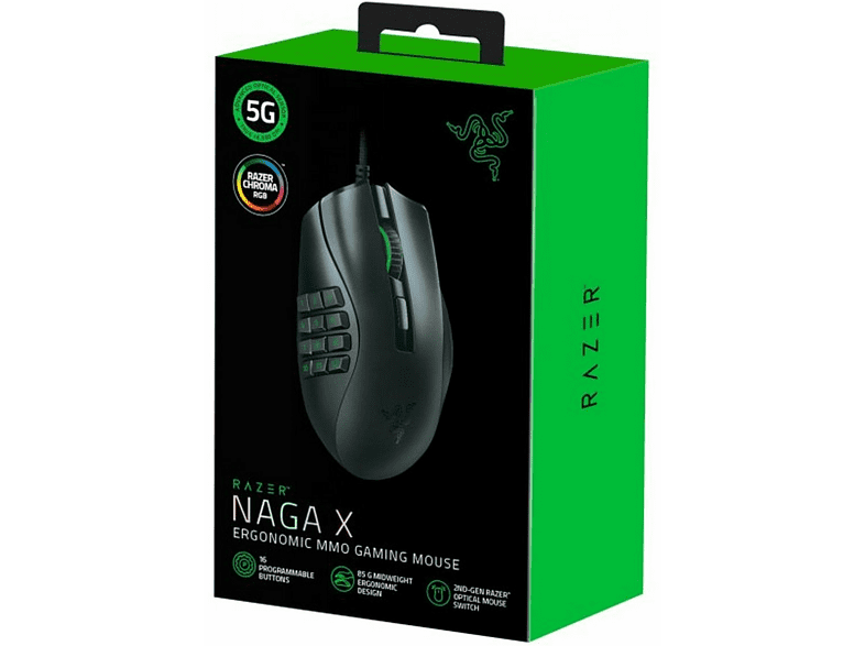 Ratón gaming - Razer Naga X, Por cable, 18000 ppp, 16 Teclas programables, USB Type-A, Negro