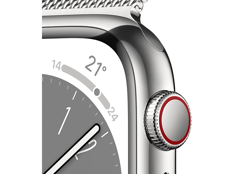 Apple Watch S8 (2022), GPS+CELL, 41 mm,  Caja de acero inoxidable, Vidrio delantero Ion-X, Correa Milanese loop plata