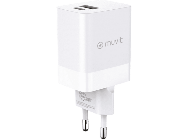 Cargador - Muvit MCACC0022, Universal, USB 12W+1 Tipo C PD 45W, 50/60Hz, Blanco
