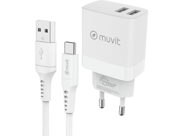 Cargador - MUVIT TR361002+CA002-AC-AW, Universal  USB A, 50/60 Hz, Blanco