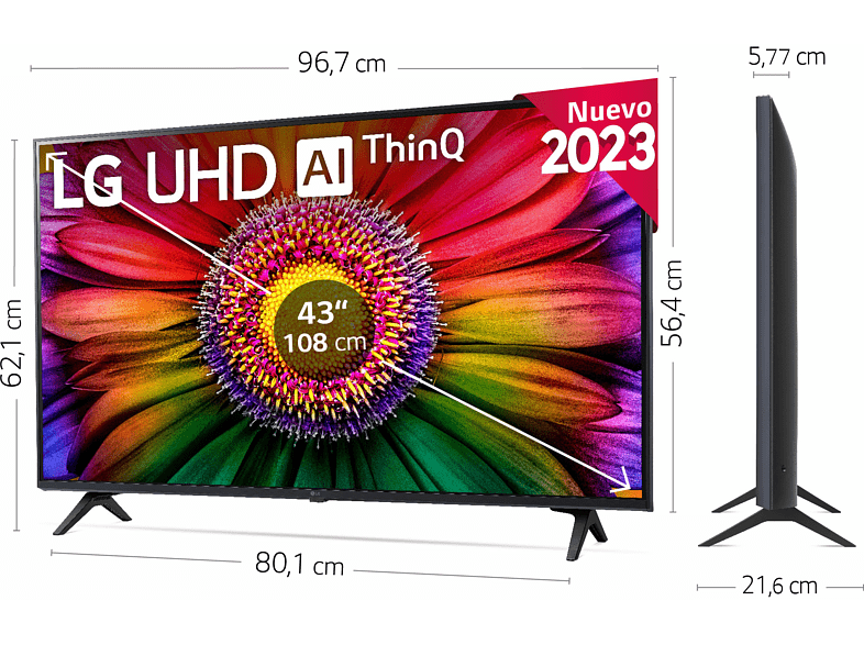 TV LED 43 - LG 43UR80006LJ, UHD 4K, Inteligente α5 4K Gen6, Smart TV, DVB-T2 (H.265), Azul ceniza