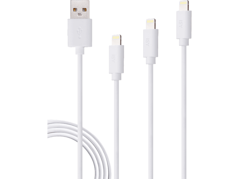 Cable USB - ISY IZB-533, Lightning, Para Apple, Pack 3 cables (0,6m, 1m, 2m), Blanco
