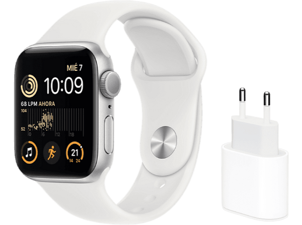 APPLE Watch SE (2022), GPS, 44 mm, Caja de aluminio, Vidrio delantero Ion-X + Adaptador de corriente, USB-C de 20 W