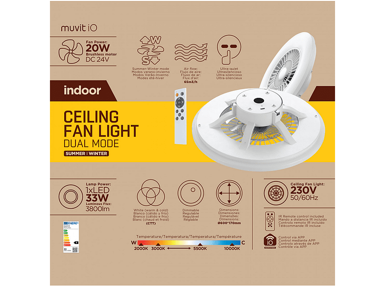 Lámpara - Muvit iO MIOCLF001, De techo, Con ventilador, WiFi, Compatible con Asistentes de Voz, Blanco