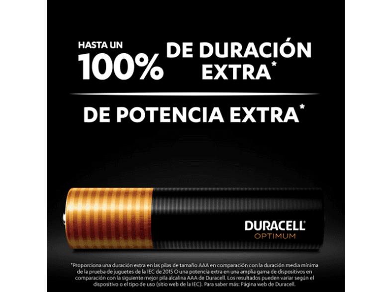 Pilas AAA - Duracell Optimum, 4 Unidades, 1.5 V LR03 / LR3 MX2400, Negro