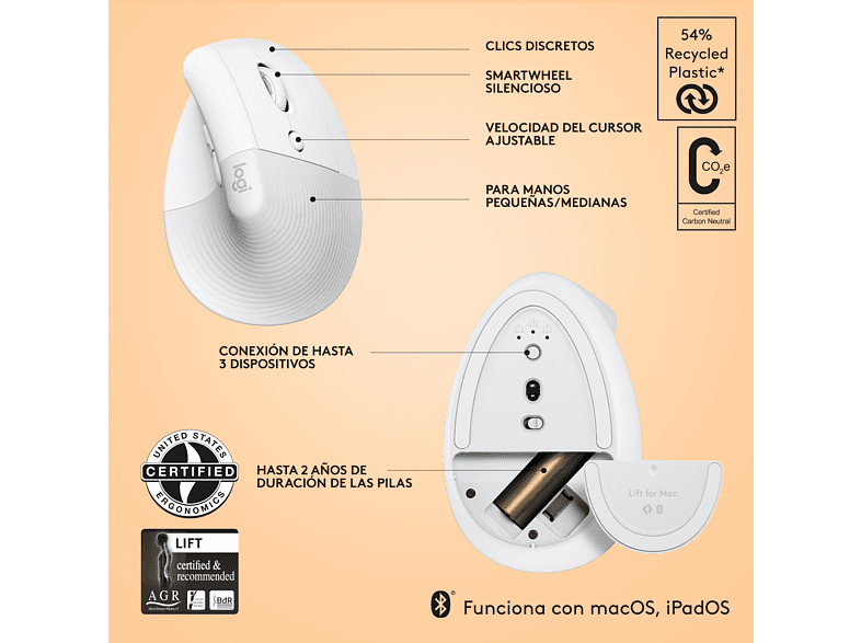 Ratón inalámbrico - Logitech Lift Vertical para Mac, Ergonómico, Inalámbrico, 4000 ppp, Blanco