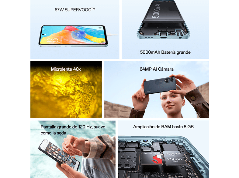 Móvil - OPPO A98 5G, Dreamy Blue, 256 GB, 8GB RAM, 6.72 Full HD+, Qualcomm Snapdragon™ 695 5G, 5000 mAh, Android