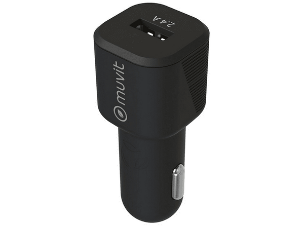 Cargador USB para coche - Muvit MCPAK0015, USB-A, USB-C, Universal, 12W, 2.4A, Negro