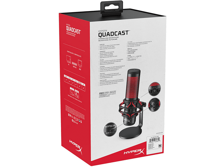 Micrófono - HyperX QuadCast, USB, Para PC/PS5/PS4/Mac, Sensibilidad  -36 dB, Rojo y Negro