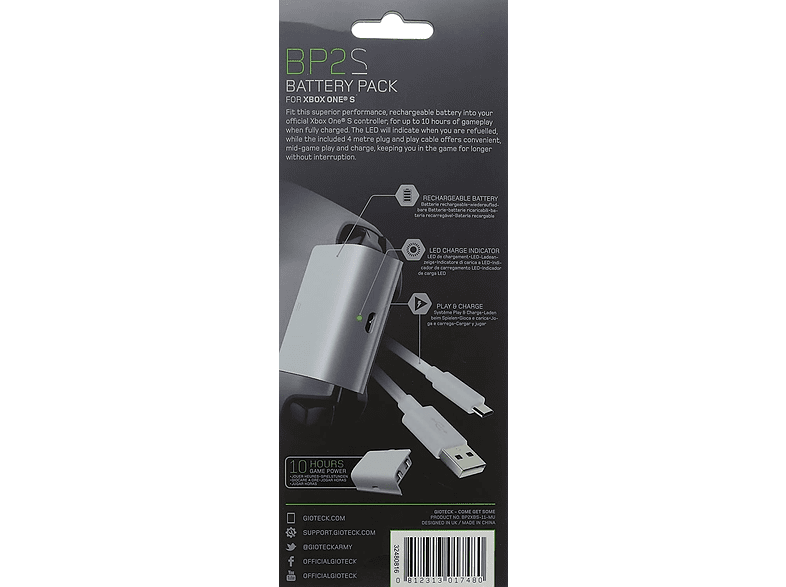 Pack batería - Gioteck BP2 S, Para mandos Xbox One, Cable incluído de 4 m, Blanco