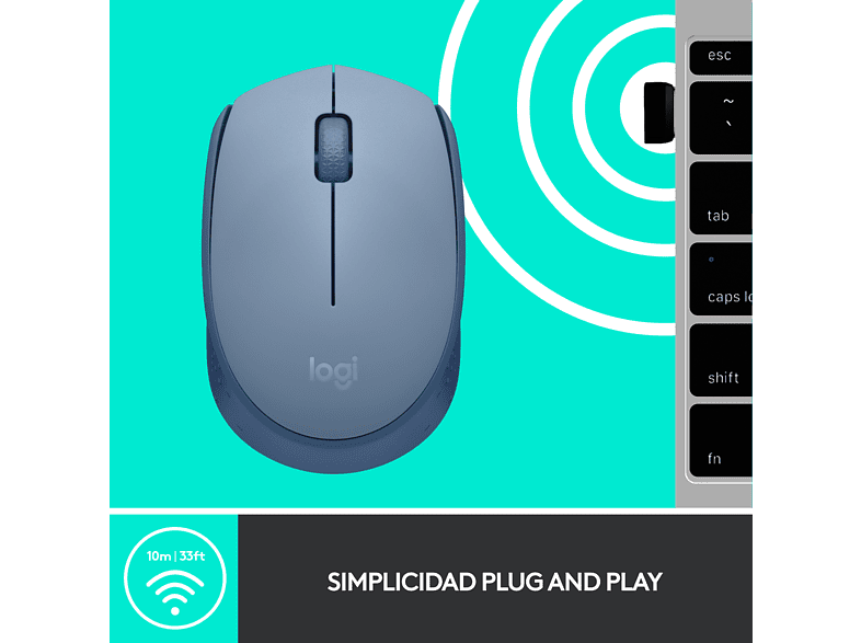 Ratón inalámbrico - Logitech M171, 1000 ppp, Ambidiestro, USB, Azul