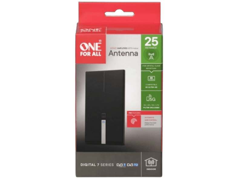Antena TV - One For All SV9425, De interior, 4 K Ultra HD, 0-25 km, 18 dB, 75 Ω, Negro