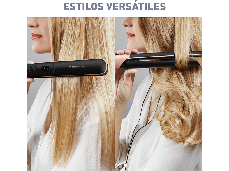 Plancha de pelo - Rowenta SF4620F0 Express Shine, Revestimiento de Papaya, Placas de cerámica, 8 temp., Hasta 210 °C, Liss & Curl, Negro y albaricoque