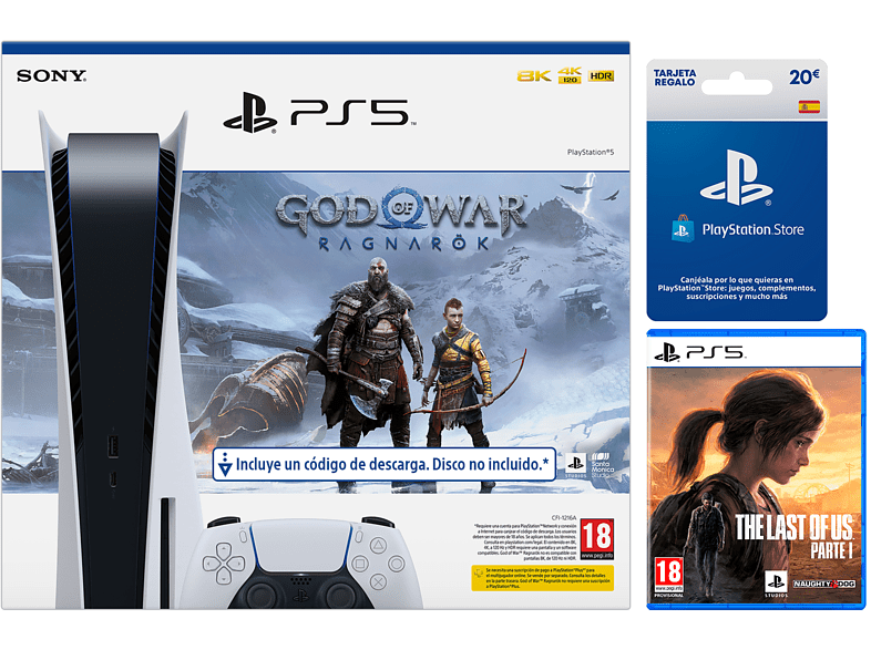 Consola - Sony PS5 Stand C, 825GB, 4K, Blanco + Juego God Of War: Ragnarok (código descarga) + Juego The Last Of Us: Parte 1 + Tarjeta 20€ PS Store