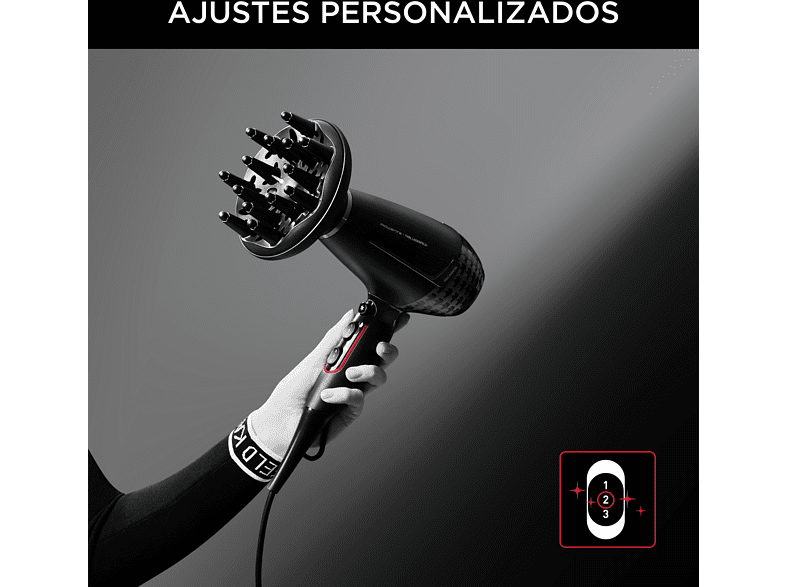 Secador -  Rowenta x Karl Lagerfeld CV887LF0 K/Pro Stylist, 2200 W, Motor AC Pro, 2 velocidades, 3 temperaturas, Tecnol. iónica, Keratin & Glow, Negro