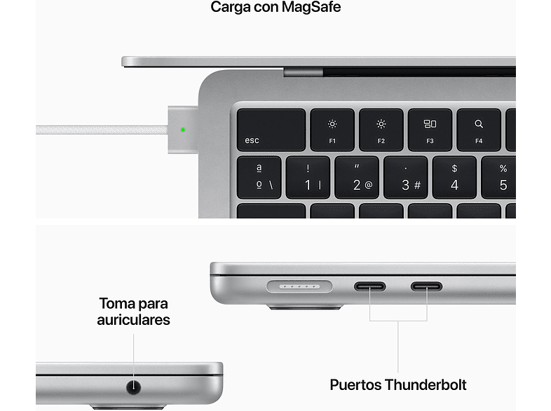 Apple MacBook Air (2022), 13,6 Retina, Chip M2 de Apple, GPU 8 Núcleos, 8 GB, 256 GB SSD, macOS, Teclado Magic Keyboard Touch ID, Plata