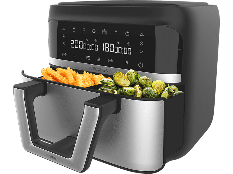 Freidora de aire - Cecotec Cecofry Dual 9000, 2850 W, 9 L, Opción dividir la cubeta en dos de 4.5 L, 6 Modos, Inox