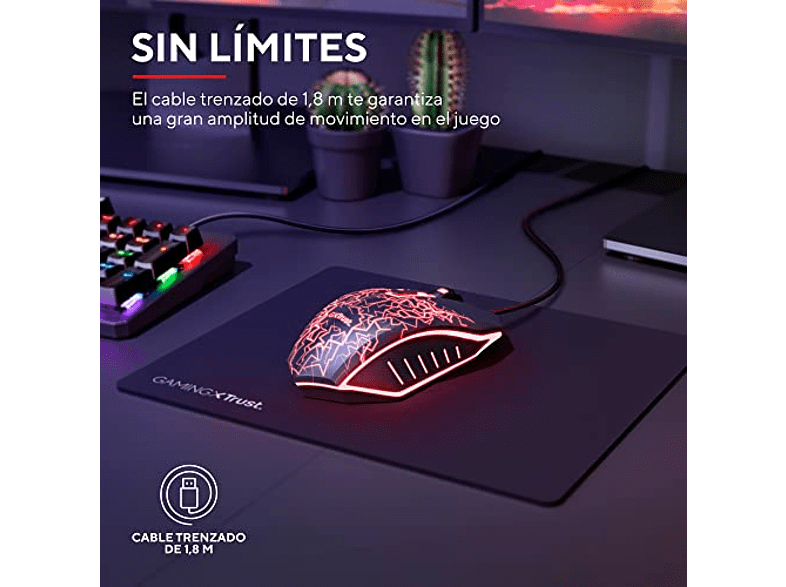 Ratón gaming - Trust GXT 105X, Por cable, Cubierta de goma, Ambidiestro, Multicolor