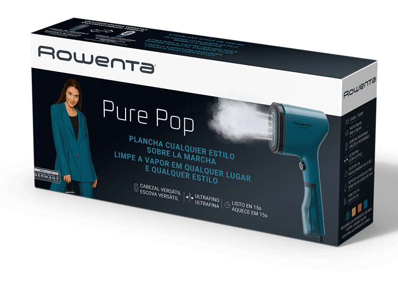 Cepillo de vapor - Rowenta Pure Pop DR2020D1, 1300 W, Salida vapor 20 g/min, 70 ml, Calentamiento 15 s., Elimina pelusas, arrugas y purifica, Azul