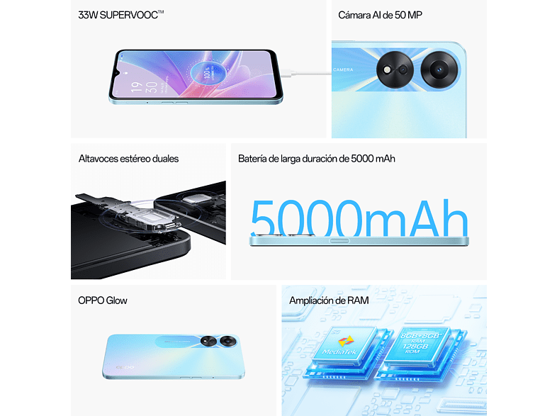 Móvil - OPPO A78 5G, Glowing Black, 128GB, 8GB RAM, 6.56 HD+, MediaTek Dimensity 700, 5000 mAh, Android 13