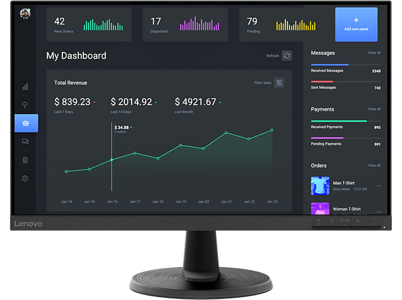 Monitor - Lenovo D24-40, 23.8, Full HD, 7 ms, 75 Hz, HDMI®, VGA, Negro