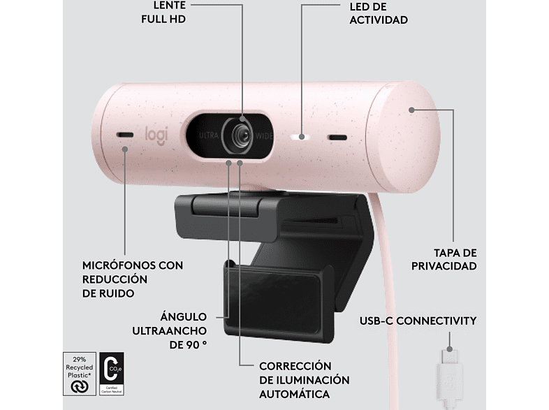 Webcam - Logitech Brio 500, Full HD 1080p, Enfoque automático, Micrófono con reducción de ruido, Rosa
