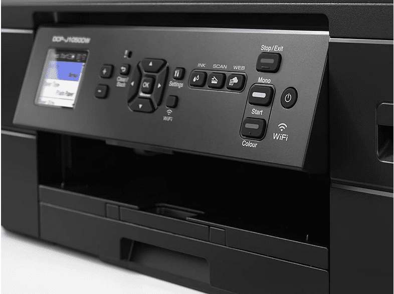 Impresora multifunción - Brother DCPJ1050DW, LCD, 128 MB, 1200 x 2400 ppp, 17 B/N, 9.5 ppm Color, Negro
