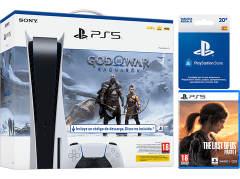 Consola - Sony PS5 Stand C, 825GB, 4K, Blanco + Juego God Of War: Ragnarok (código descarga) + Juego The Last Of Us: Parte 1 + Tarjeta 20€ PS Store