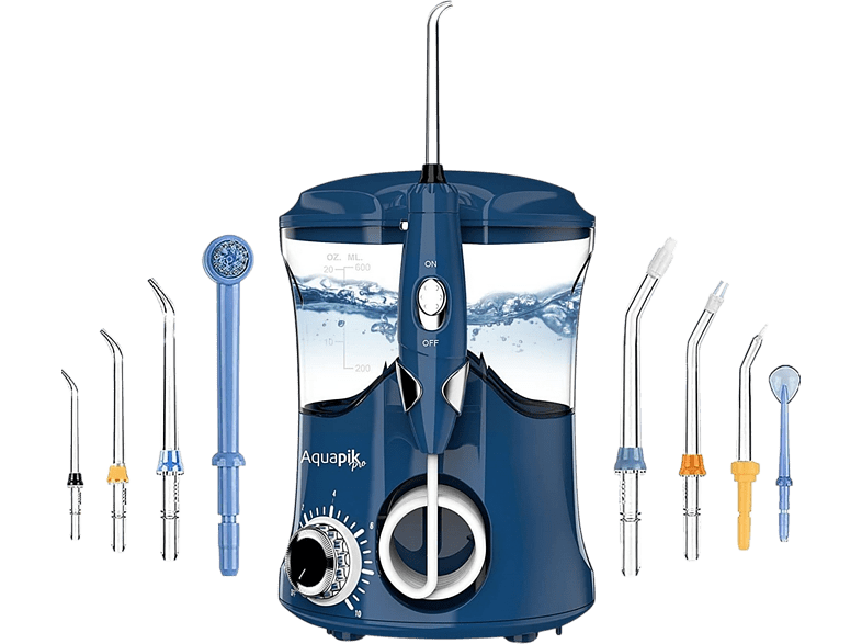 Irrigador - Aquapik PRO X, 30-130 PSI, Pulsaciones de agua: 1250 - 1700, 10 Niveles, 8 Boquillas, Estuche de viaje, Azul