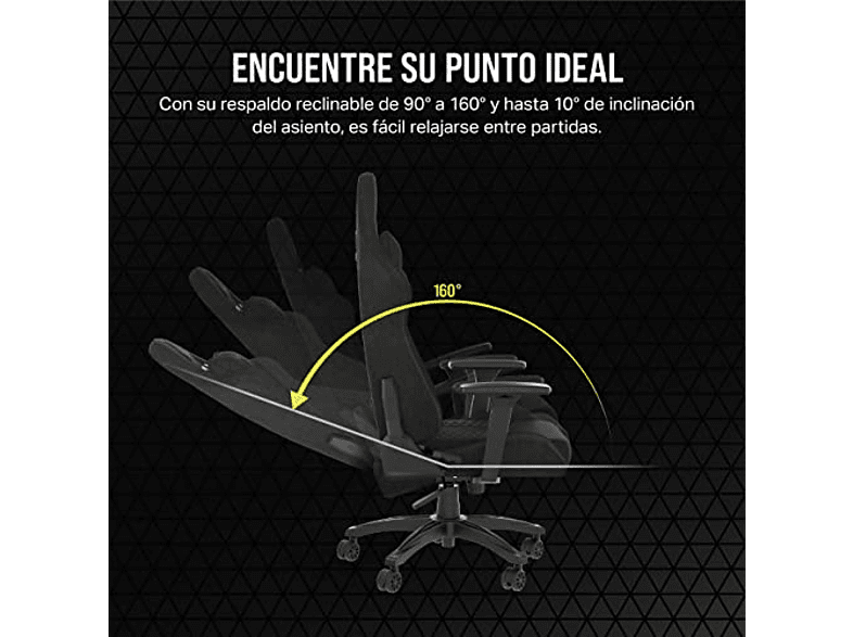 Silla gaming - Corsair TC100 Relaxed-Fabric, Respaldo reclinable 90° y 160°, Altura regulable, Reposabrazos, Negro