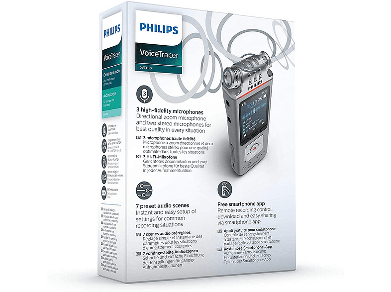 Grabadora de voz - Philips VoiceTracer DVT4110, 8 GB, 3 micrófonos HF, USB-C, Control por App, MP3, PCM, Gris