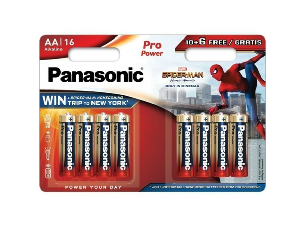 Pilas AA - Panasonic Spider-Man, Alcalina, 10+6 unidades