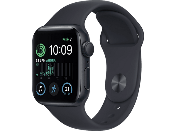Apple Watch SE (2022), GPS, 44 mm, Caja de aluminio, Vidrio delantero Ion-X, Correa deportiva medianoche