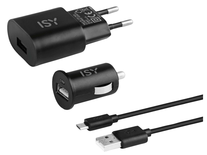 Cargador - ISY ITS-1000, Set de 4 tipos, 12 V, 220 V, USB, Micro, Negro
