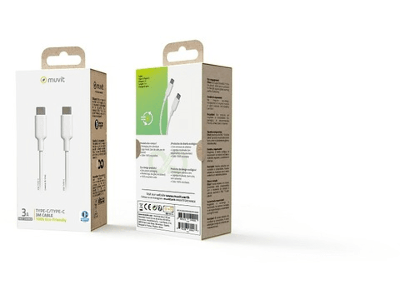 Cable - Muvit for Change, De USB-C a USB-C, 3A, 3m, Blanco