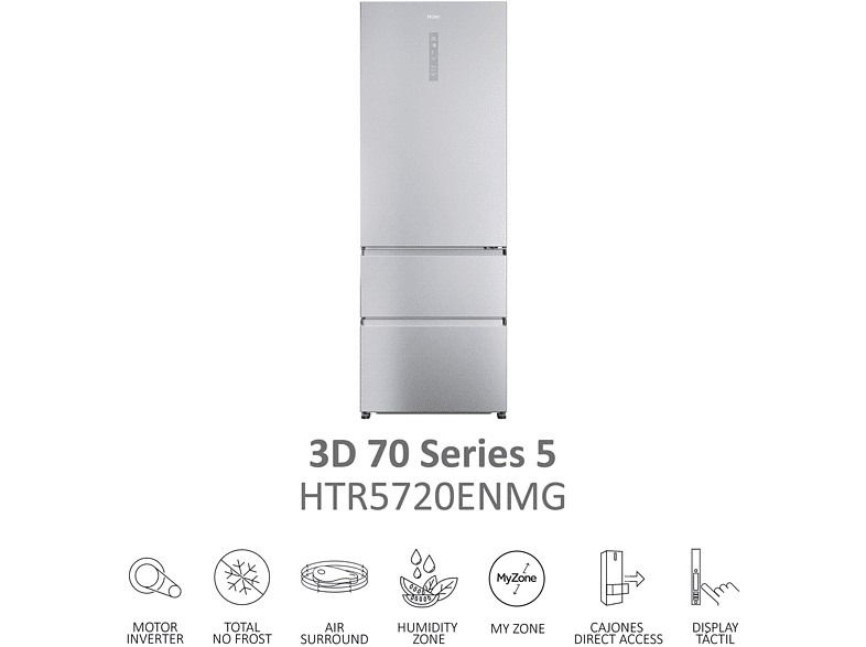 Frigorífico combi - Haier 3D 70 Series 5 HTR5720ENMG, 483 l, Total No Frost, 200.6 cm, Motor Inverter, Humidity Zone, My Zone, Plata