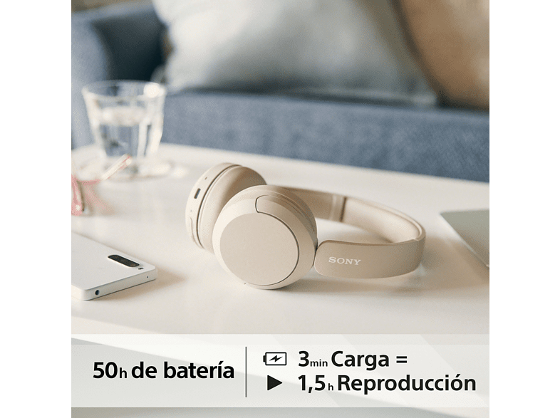 Auriculares inalámbricos - Sony WH-CH520, Bluetooth, 50 horas de autonomía, Carga rápida, 360 Audio, Conexión multipunto, Cascos estilo diadema, Beige