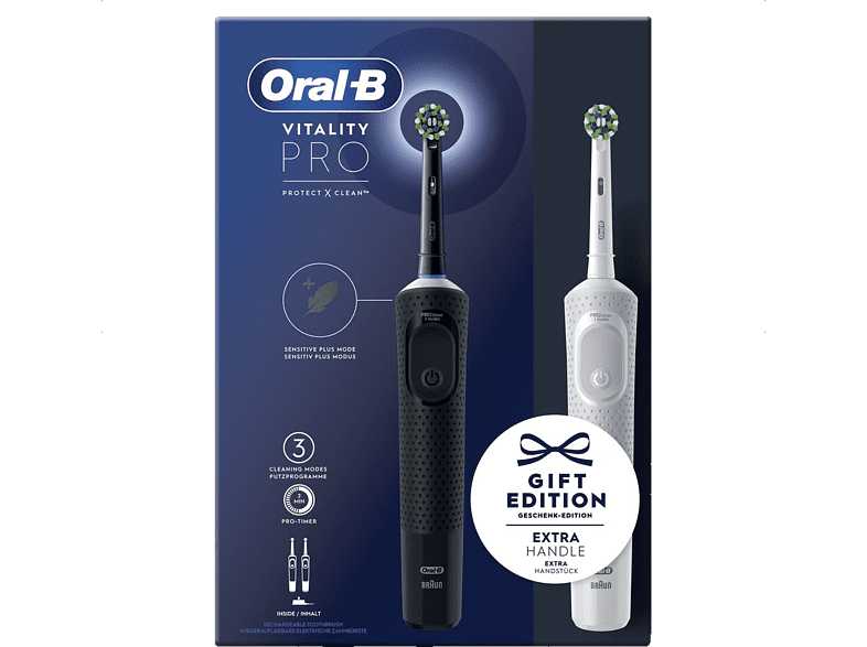 Cepillo eléctrico - Oral-B Vitality Pro, 3 modos de cepillado, 2 mangos, Negro y blanco, Diseñado Por Braun