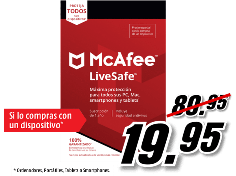 Antivirus - McAfee LiveSafe, Suscrip. 1 año, Multidispositivo (Clave de activación)