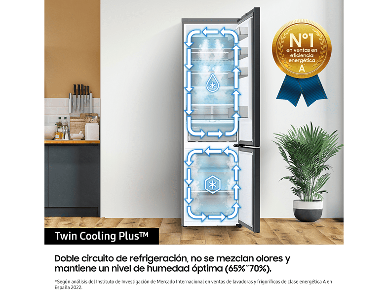 Frigorífico combi -  Samsung BESPOKE SMART AI RB38C7B6BS9/EF, Twin Cooling Plus, 200 cm, 387l, No Frost, Metal Cooling, WiFi, Inox