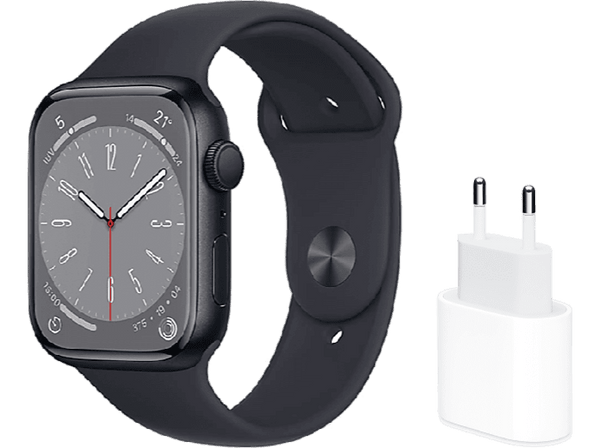 APPLE Watch Series 8 (2022), GPS, 45 mm, Caja de aluminio, Vidrio delantero Ion-X + Adaptador de corriente, USB-C de 20 W