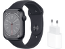 APPLE Watch Series 8 (2022), GPS, 45 mm, Caja de aluminio, Vidrio delantero Ion-X + Adaptador de corriente, USB-C de 20 W