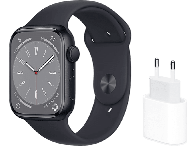 APPLE Watch Series 8 (2022), GPS, 45 mm, Caja de aluminio, Vidrio delantero Ion-X + Adaptador de corriente, USB-C de 20 W