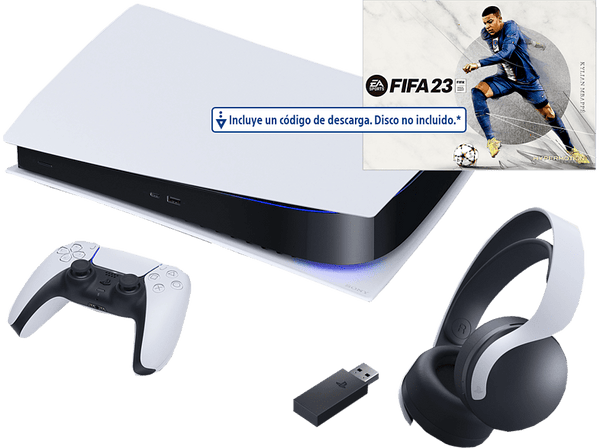 Consola - Sony PS5 Digital Edition C, 825GB, 4K HDR, Blanco + Auriculares gaming Pulse 3D + Juego FIFA 23 (Código de descarga)