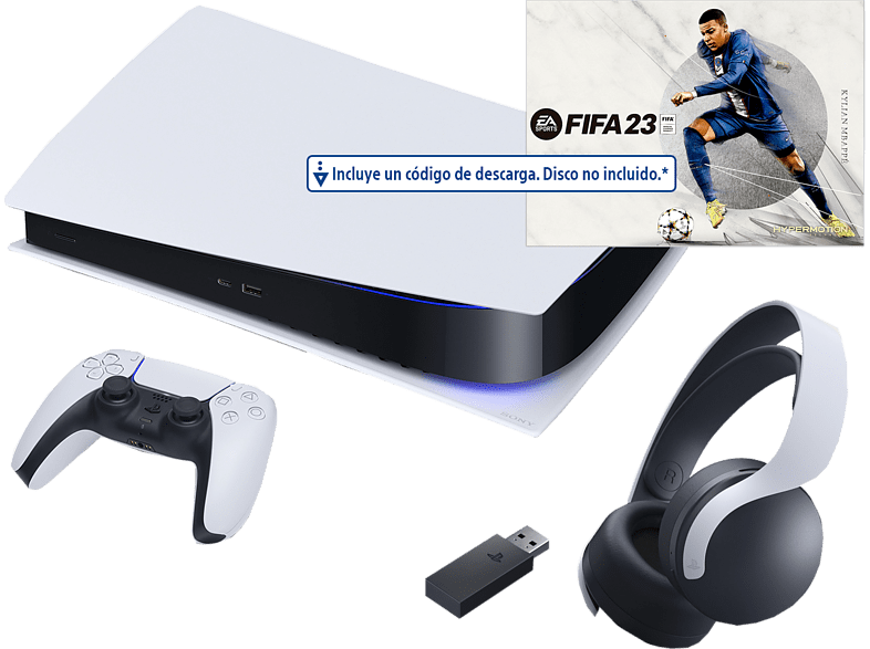 Consola - Sony PS5 Digital Edition C, 825GB, 4K HDR, Blanco + Auriculares gaming Pulse 3D + Juego FIFA 23 (Código de descarga)