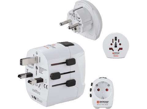 Adaptador enchufe - World to Europe Hama, 2 entradas USB, 250 V, Compatible con hasta 200 países, Blanco